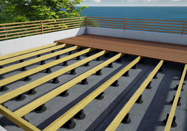 Leveling of terraces on stable and pressure-resistant surfaces and roofing felt